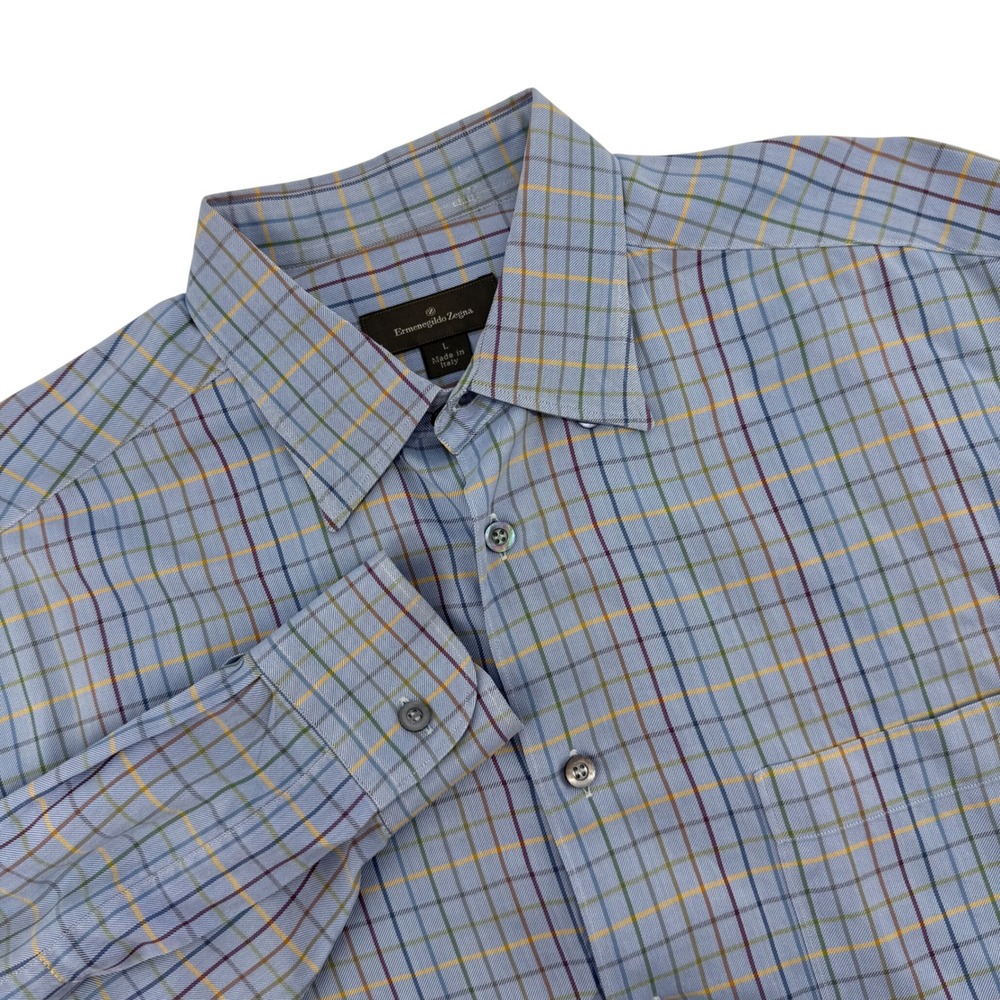 Ermenegildo Zegna Mens L Blue Multi Color Check Plaid Button Down Shirt Italy